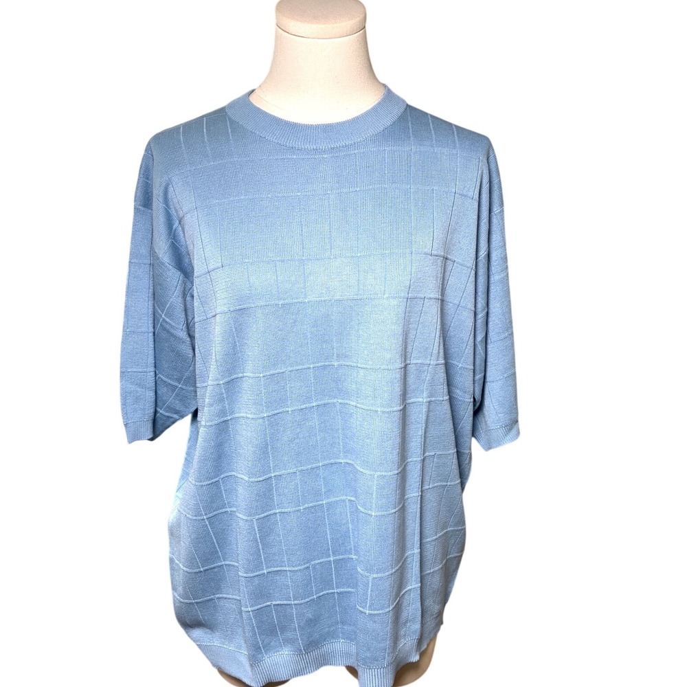 Silk Cotton Textured Grid Knit Short Sleeve Sweater Light Blue Anthology Men L